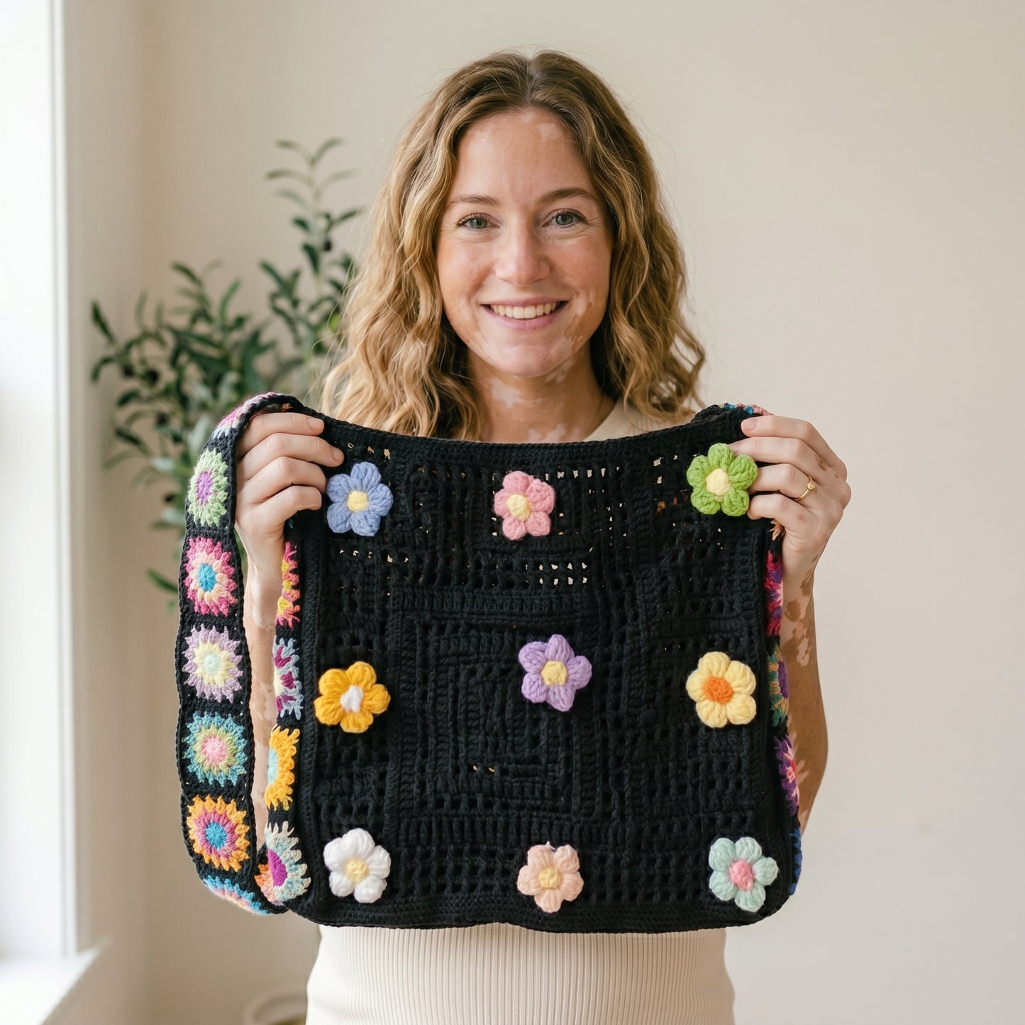 Aly's Floral Square Crochet Tote Bag
